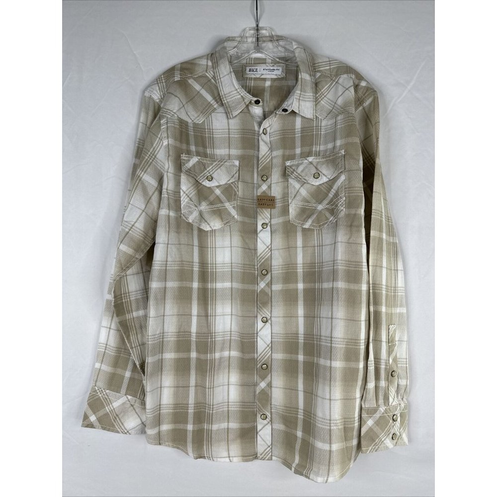 Buckle BKE Pearl Snap Western Shirt Mens Size L Beige Plaid Standard Fit New